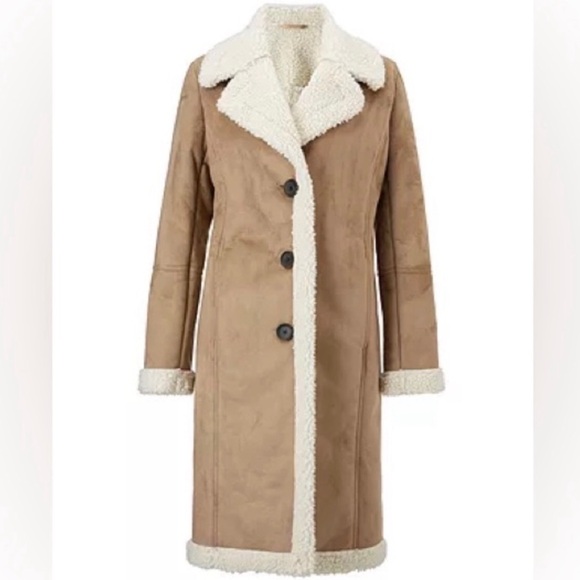 Boden Jackets & Blazers - Boden Bell Teddy Tan Faux Suede Faux Shearling Lined and Trimmed Long Coat Sz 16